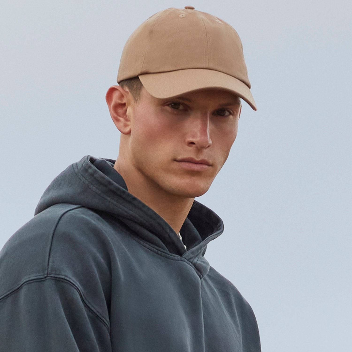 Man in organic cotton khaki t-shirt